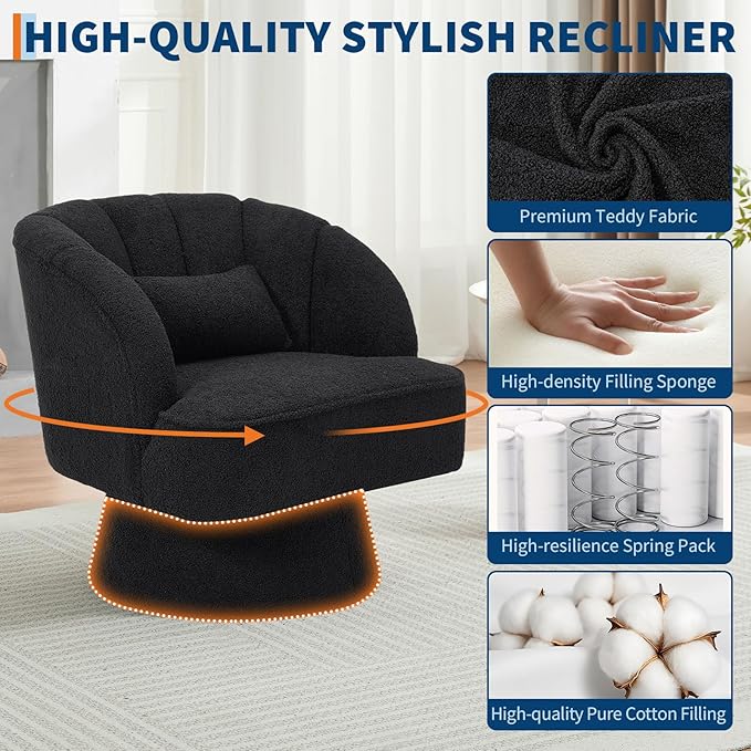 GarveeHome Modern Swivel Barrel Accent Chair, 360° Teddy Fabric Upholstered Armchair with Striped Backrest & Plush Padding, Comfy Round Lounge Chair for Living Room, Bedroom, Reading Nook, Black 2 PCS