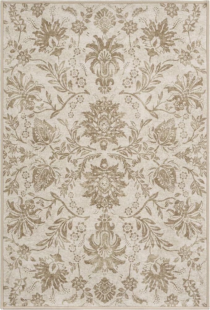jinchan Torino 3x5 Area Rugs for Entryway, Vintage-Inspired Floral Neutral Design Washable Non-Slip Low-Pile Rug, Ultra-Thin Indoor Traditional Accent Carpet for Entrance Bedroom Hallway, Taupe