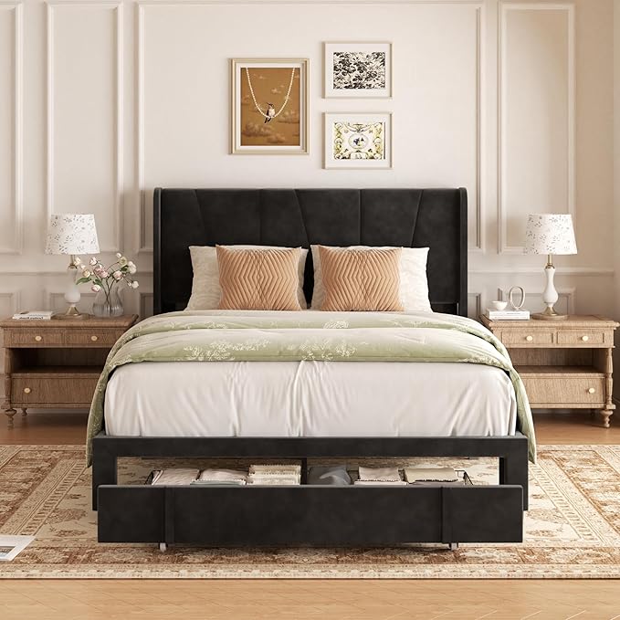 Full Bed Frame with Storage Drawers, Upholstered Full Size Platform Bed with 47" Tall Headboard and Wingboard, No Box Spring Needed, Noise Free, Easy Assembly, Wooden Support Slats, Black