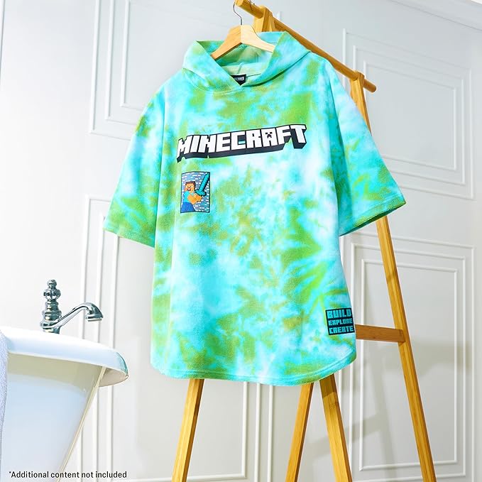 Minecraft Towelling Poncho Kids Teens Hooded Bath Towels Absorbent Beach Towel (Green Tie Dye, 10-13 Years)