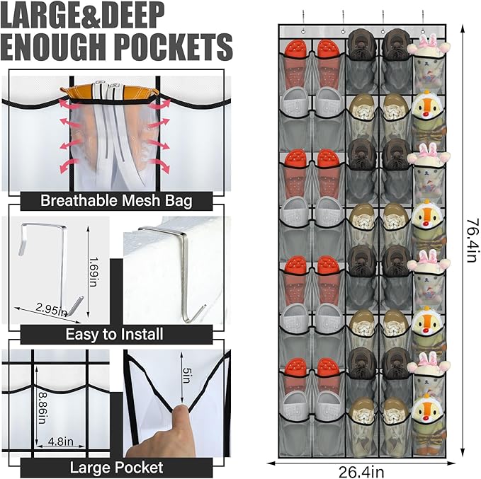 Windyun Over the Door Shoe Organizer with 40 Large Breathable Mesh Pocket, Space Saving Hanging Shoe Rack Hanger Gray Behind the Door Storage Holder for Entryway Closet Bedroom Utility Room Women Men