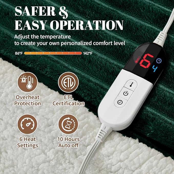 Electric Heated Blanket Full Size - 72"x84" Fast Heating Bed Blankets with 6 Heating Levels & 10 Hours Auto Off, Soft Ribbed Flannel Sherpa, Over-Heated Protection ETL, Dark Green