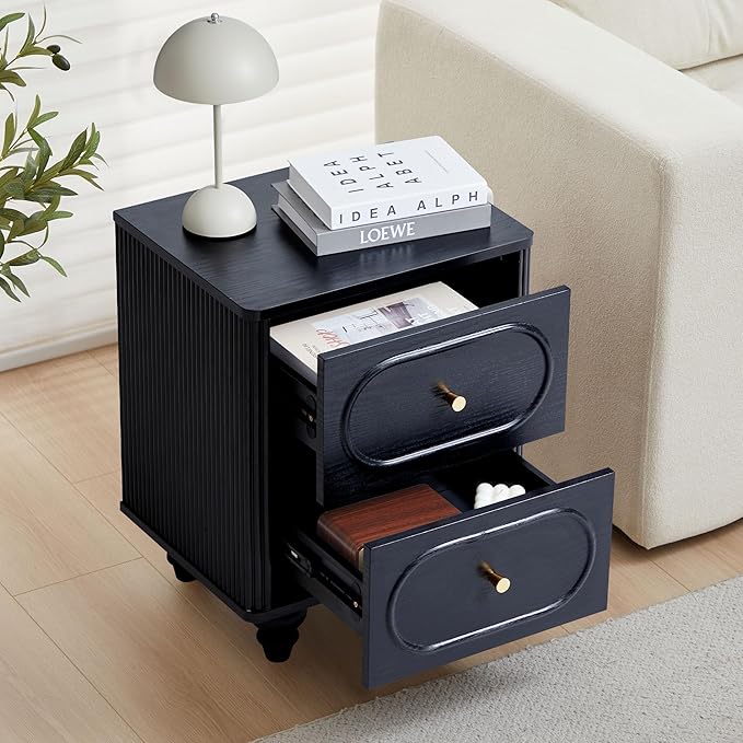 2 Drawer Fluted Mini Small Dresser for Bedroom Set of 2, Mid Century Modern Nightstand Bedside End Table, Wood Storage Dresser Organizer for Bedroom Living Room, Black