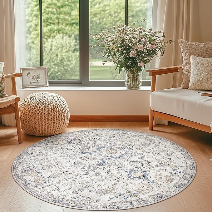 jinchan Kalen Round Rug 4ft Area Rug Washable Vintage Indoor Retro Accent Entryway Floor Cover Distressed Floral 4' Round Circle Boho Non Slip Thin Carpet for Bedroom Living Room Dining Room Blue