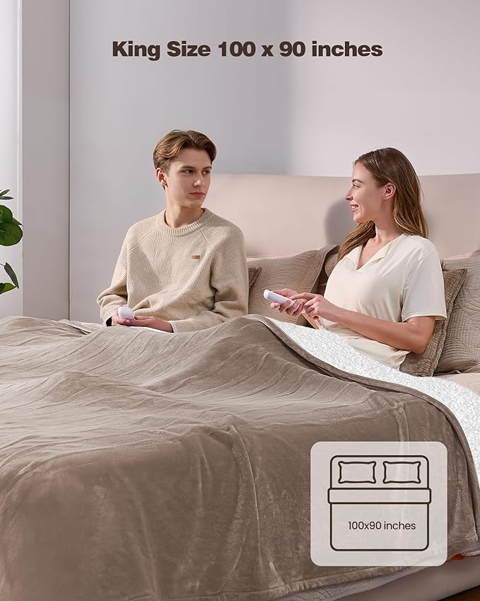 Heated Electric Blanket King- Super Soft Heating Blanket, Dual Control & 9 Heat Settings, 10 Hours Auto Off, Soft Flannel to Sherpa, Fast Heating Electric Throw, Machine Washable, 90" x 100''- Camel