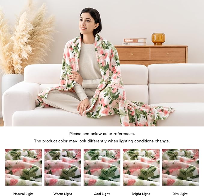 Luxury Printed Fleece Warm Blanket, Soft Lightweight Velvety Plush Throw for Couch and Bed, Cozy Comfy for All Seasons(Ivory Pink Flowers, 70×90 Inches)