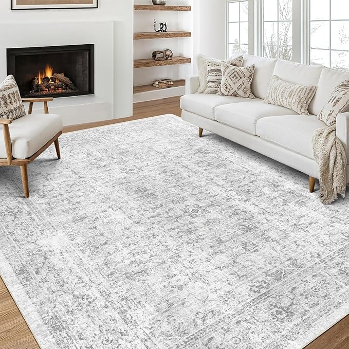3x5 Rug, Small Area Rug for Living Room, Bedroom, Kitchen, Machine Washable Non-Slip Throw Rug, Vintage Distressed Floral Carpet for Entryway Nursery Dinner Room - Durable (Grey)