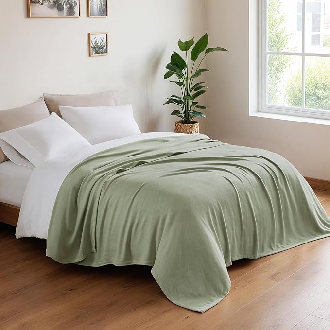 Queen Size Blanket, 70% Rayon (Derived from Bamboo) and 30% Cotton, Lightweight Jacquard Weave, Breathable and Soft Summer Blanket for Bed or Couch, 90” x 90”, Sage Green