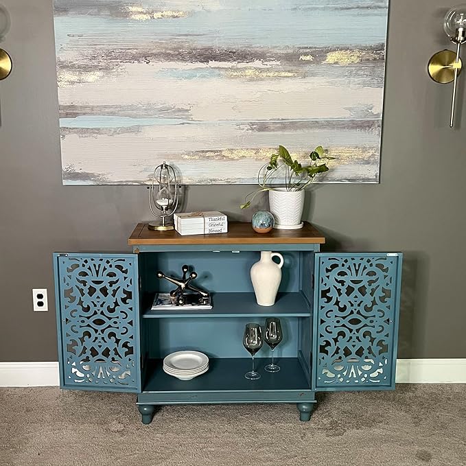 PHI VILLA Blue Accent Cabinets, Small Buffet Sideboad Cabinet, Hollow Carved 2 Door Credenza, Farmhouse Storage Cabinet for Living Room