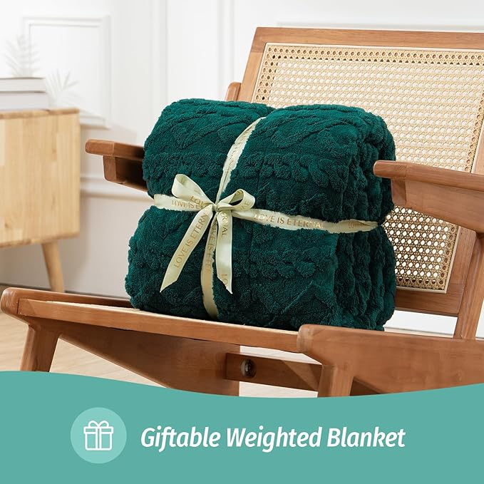 Wemore Weighted Blanket for Adults Twin Size 15 lbs, Dual Sided Soft Fuzzy Jacquard Sherpa Weighted Blankets for Sleeping, Cozy Fluffy Knitted Heavy Blanket for Couch Bed, Green, 48 x 72 inches