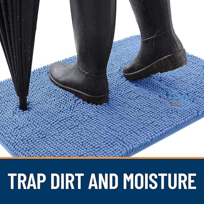 OLANLY Dog Door Mat for Muddy Paws 44x24, Absorbs Moisture and Dirt, Absorbent Non-Slip Washable Doormat, Quick Dry Chenille Mud Mat, Entry Indoor Entryway Carpet for Inside Floor, Cornflower Blue
