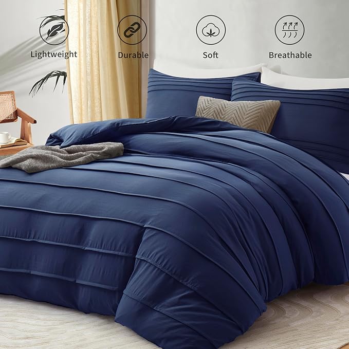 Oli Anderson Navy Blue Duvet Cover Queen Size - Pleated Queen Duvet Cover, 3PCS Soft and Breathable Textured Bedding Set with Zipper Closure(Navy Blue,90"x90")