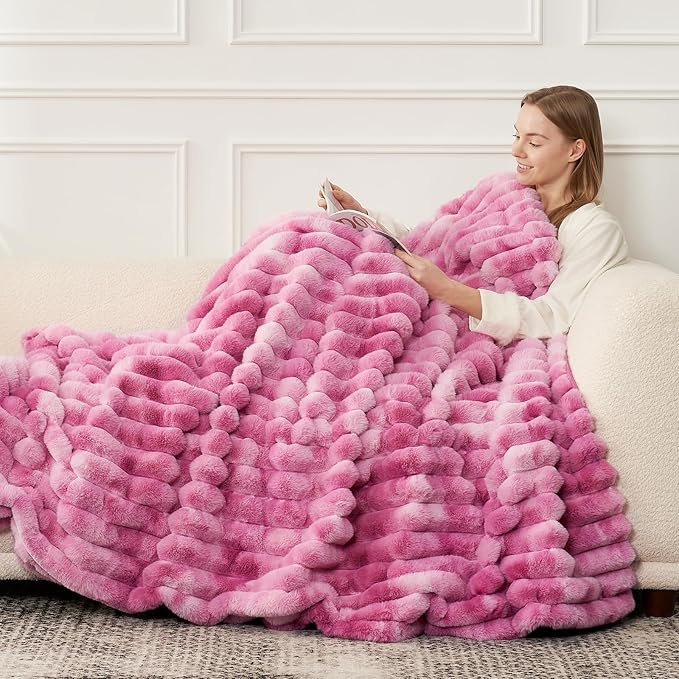 Cozy Bliss Faux Fur Throw Blanket for Couch, Cozy Warm Plush Striped Blanket for Sofa Bedroom Living Room, 108 * 90 Inches Tie-dye Pink