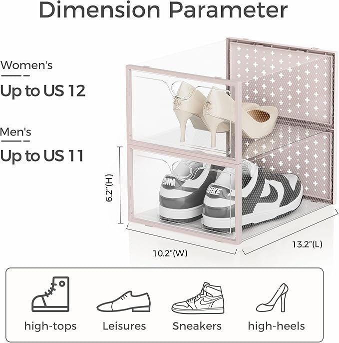 Pinkpum 15 Pack X-Large Shoe Storage Boxes, Shoe Organizer for Closet Clear Plastic Stackable Shoe Dispaly Case Bins Holder, Sneaker Storage for Sneakerheads Pink