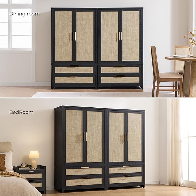 SICOTAS Armoire Wardrobe Closet, Larger Rattan Armoires Wardrobe Cabinet with 2 Large Drawers & Hanging Rod, Tall Closet Storage Cabinet for Cloak Room, Bedroom, Black Oak (3 Pieces)