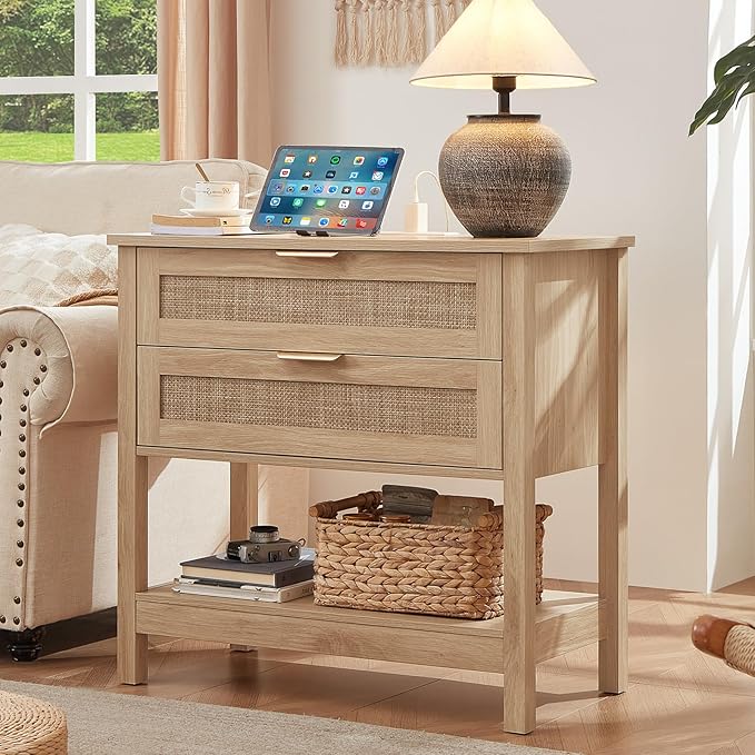 LEYAOYAO 31.5" Wide Rattan Night Stand Set 2 with Charger Station, Oversized Large Boho Nightstand with 2 Drawer, Natural Wood Bed Side End Tables, Tall Bedside Table for Bedroom Living Room, Hallway