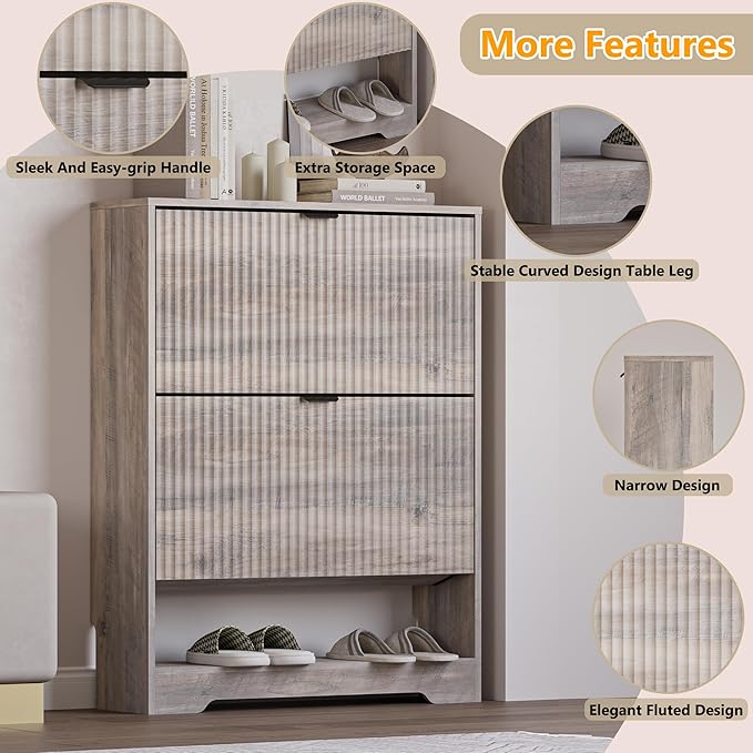 Shoe Cabinet with 2 Flip Drawers, Fluted Shoe Storage Cabinet with Adjustable Shelves, Freestanding Rack and Organizer for Entryway, Closet, Hallway