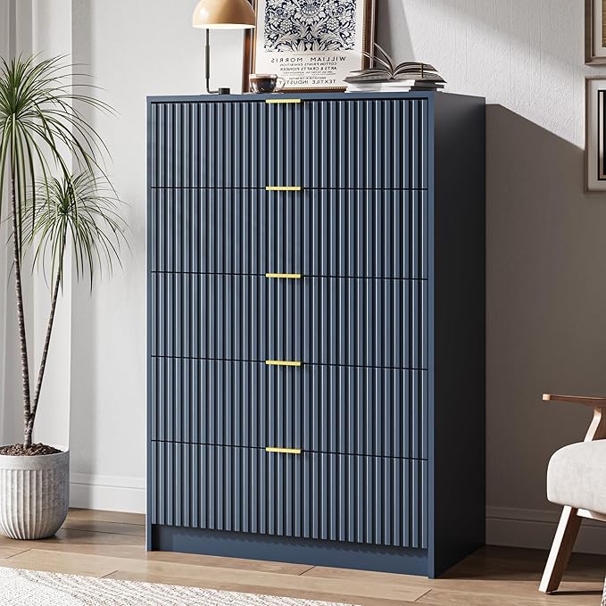 5 Drawer Dresser for Bedroom, Tall Dresser Chest of Drawers with Gold Handles, 32 Inch Wide Nightstand with for Bedroom, Living Rooms, Offices, and Entryways, Navy Blue