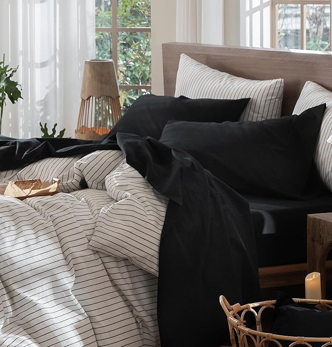 MooMee Bedding Sheet Set 100% Washed Cotton Linen Like Textured Breathable Durable Soft Comfy (Solid Black, King)