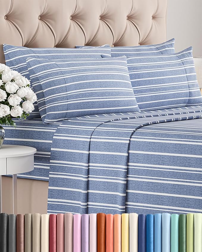 Full 6 Piece Sheet Set - Cooling, Comfy & Breathable - Hotel Luxury Bedding, Includes Fitted Sheet for Women, Men, Kids & Teens - 1 Flat, 1 Fitted Sheet, 4 Pillowcases w/Deep Pockets - Blue Stripes