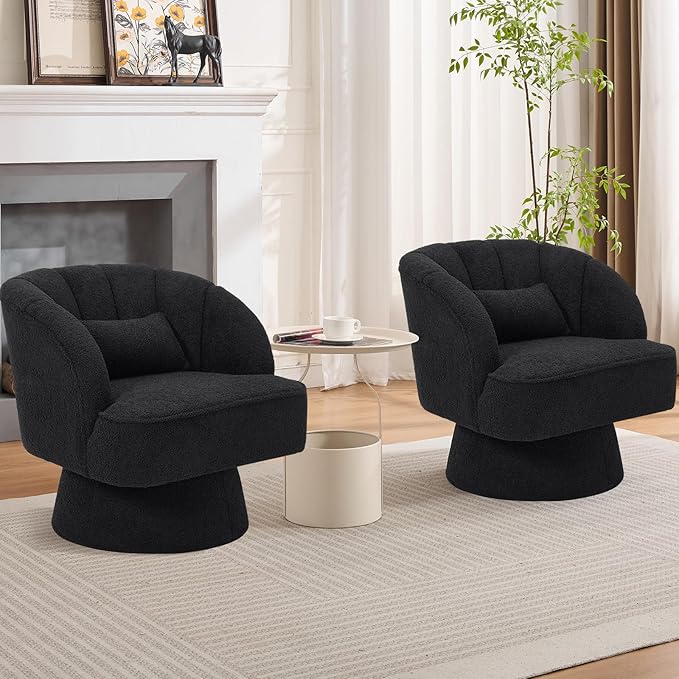 GarveeHome Modern Swivel Barrel Accent Chair, 360° Teddy Fabric Upholstered Armchair with Striped Backrest & Plush Padding, Comfy Round Lounge Chair for Living Room, Bedroom, Reading Nook, Black 2 PCS