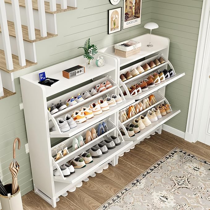 Shoe Cabinet, Shoe Storage Cabinet with 2 Flip Drawers & Adjustable Shelf, Space-Saving Shoe Organizer – Holds 12+ Pairs, Narrow Shoe Cabinet Storage for Entryway/Hallway（White）