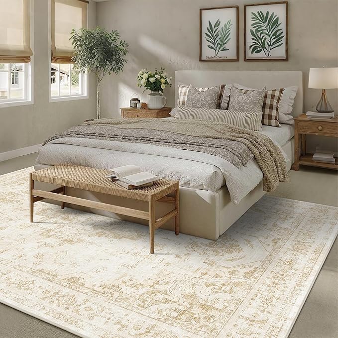 9x12 Vintage Washable Area Rugs Boho Medallion Large Distressed Retro Accent Carpet Floral Non-Slip Soft Low Pile Indoor Throw Rug for Living Room Bedroom Dining Room Office Kitchen, Beige