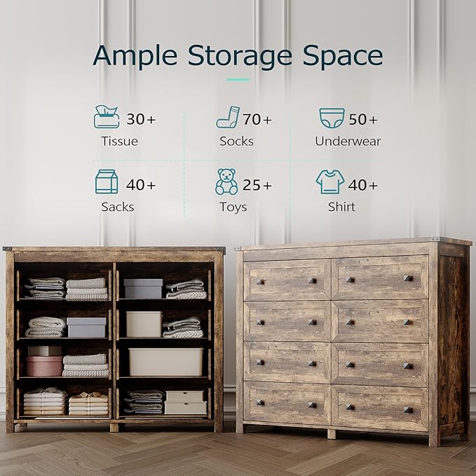Dresser for Bedroom with 8 Drawers, Farmhouse Wood Chest of Drawers, Wide TV Stand Closet Storage Furniture with Metal Handle, Modern Clothes Organizer for Hallway, Living Room, Entryway, Brown