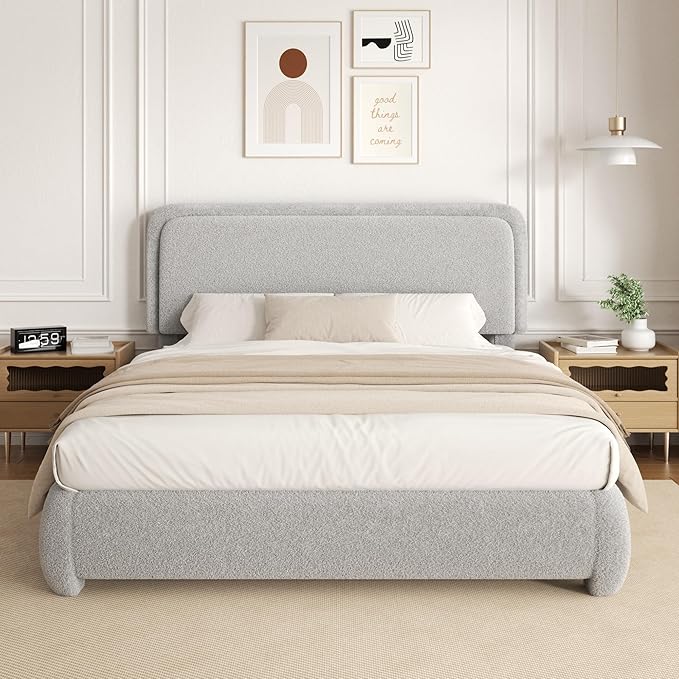 Full Size Platform Bed Frame with Headboard, Boucle Upholstered Desige, Anti-Collision Corners, Soft Rounded Corners, No Box Spring Required, Easy Assembly, Noise Free