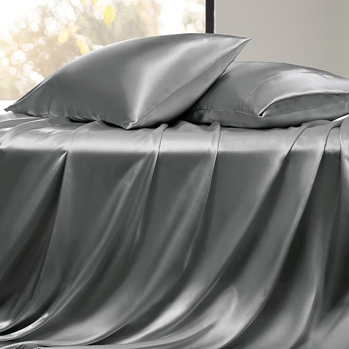 Bedsure Satin Sheets Queen Size - 4 Piece Silky Bedsheets with 15 Inches Deep Pocket Fitted Bedsheet,1 Flat Sheet, 2 Satin Pillowcases, Good for Hair & Skin (Queen, Dark Grey)