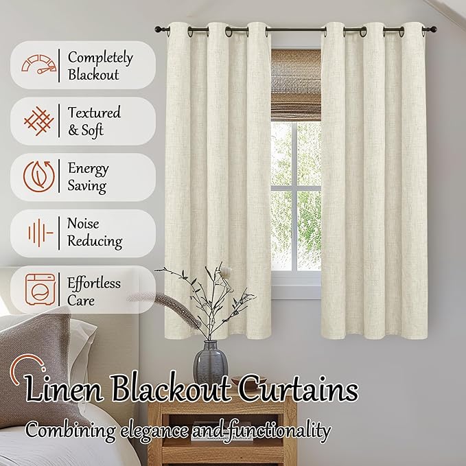 Linen Blackout Curtains for Bedroom Narrow Window, Thermal Insulated Complete Light Blocking Privacy Soundproof Small Curtains for Basement, Each 38 Inch Wide 63 Inch Length 2 Panels, Natural