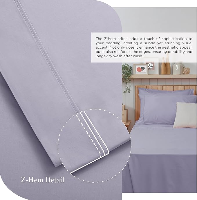 Linen Home 100% Cotton Percale Sheets King Size, Prelude Purple, Deep Pocket, 4 Pieces Set - 1 Flat, 1 Deep Pocket Fitted Sheet and 2 Pillowcases, Crisp Cool and Strong Bed Linen
