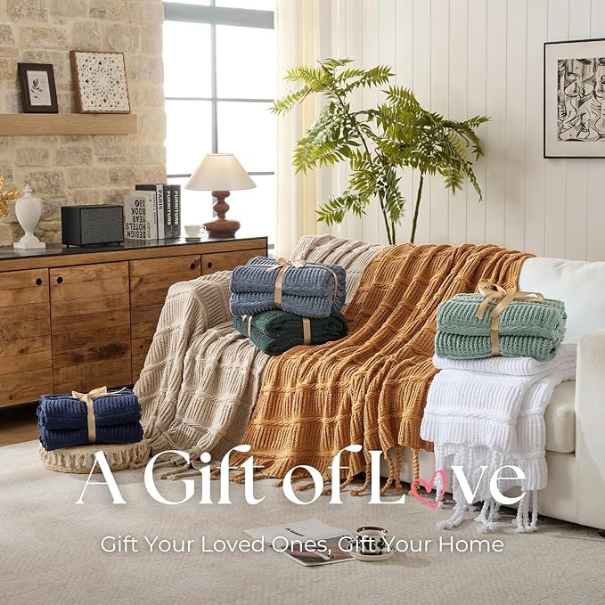 Boho Knitted Chenille Blanket with Tassels - Lightweight & Soft All-Season Throw - 3D Classic Pattern for Living Room Bedroom Couch, Amber Brown, King 90"x108"