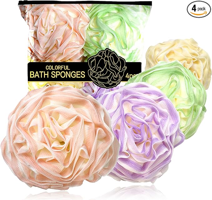 Large Bath Sponge Pouf 70g, 6.3 Inch Exfoliating Shower Loofah, Soft Durable PE Mesh with Reinforced Knotting, Rich Lather Body Wash Scrubber, 4-Pack Elegant Colors Gift Set（B-4Pcak）