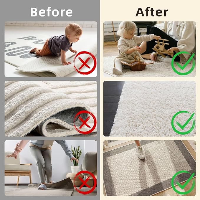 Rug Carpet Non Slip Grippers 8PCS, Reusable Double Sided Rug Pads Corner Gripper Tape for Area Rugs on Hardwood Floors, Strong Adhesive No Damage Removable Carpet Stickers