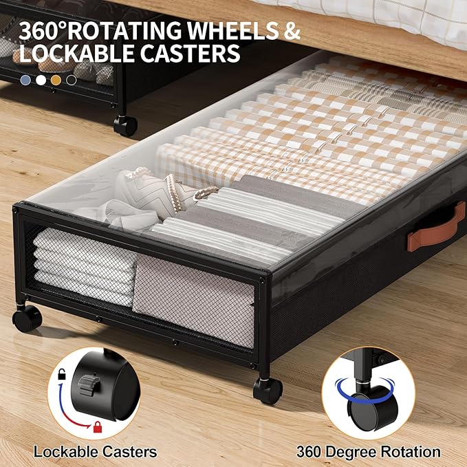 Under Bed Storage Containers With Wheels 54L Large Underbed Shoes Blankets Clothes Toy Storage Drawers For College Dorms Bedrooms Nursery Rooms Organization… (Black 2 Pack, XXL(36"x16.6"x7.28"))