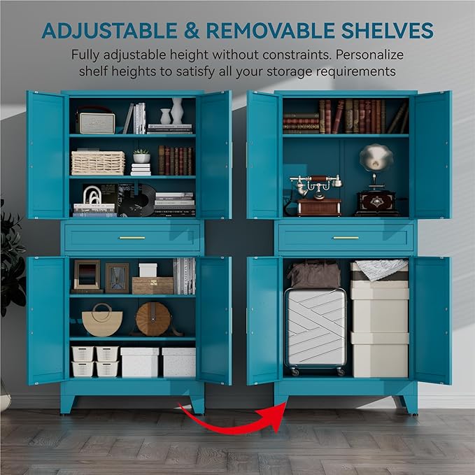 71" Tall Farmhouse Pantry Cabinet,Metal Cabinet with Adjustable Shelves and Doors,Storage Cabinet for Kitchen Garage,Blue