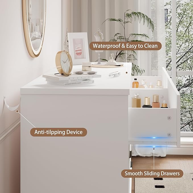 Dresser for Bedroom, 6 Drawer Wide Modern Chest of Drawers with X-Shaped Sturdy Base, Wood Double Dresser Closet Clothes Storage Organizer, Wooden TV Stand for Living Room, Hallway, White