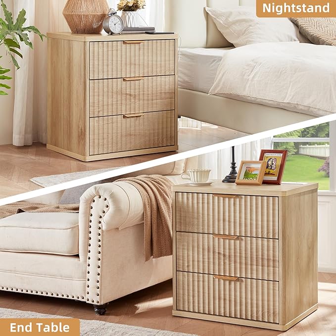 LEYAOYAO 23" Wide Fluted Farmhouse Night Stand Set of 2 with Charging Station, 3 Drawers Large End Table w/Metal Handle, Natural Nightstand Bedside Table,Wood Dresser for Bedroom, Closet
