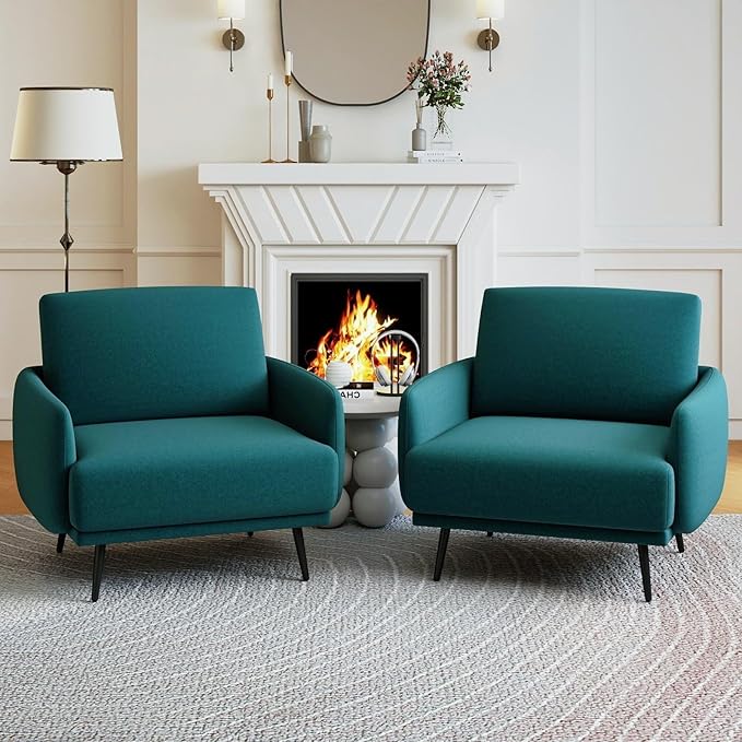 Oversized Accent Chair for Living Room Cozy Reading Chairs Mid-Century Modern Accent Chairs Armchair with Metal Legs Single Sofa Chair for Home Office (Set-of-2, Velvet Fabric- Lake Blue)