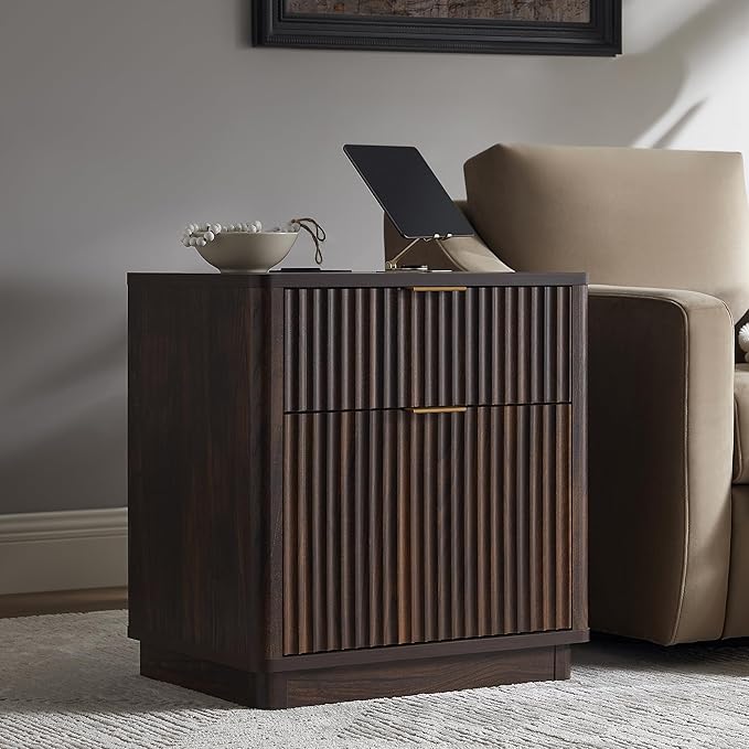 T4TREAM 23'' Fluted Nightstand Set of 2 with Charging Station, Large 2 Drawer Bedside Table, Modern End Table with Storage, Mid Century Night Stand for Bedroom Living Room, Curved Profile, Dark Walnut
