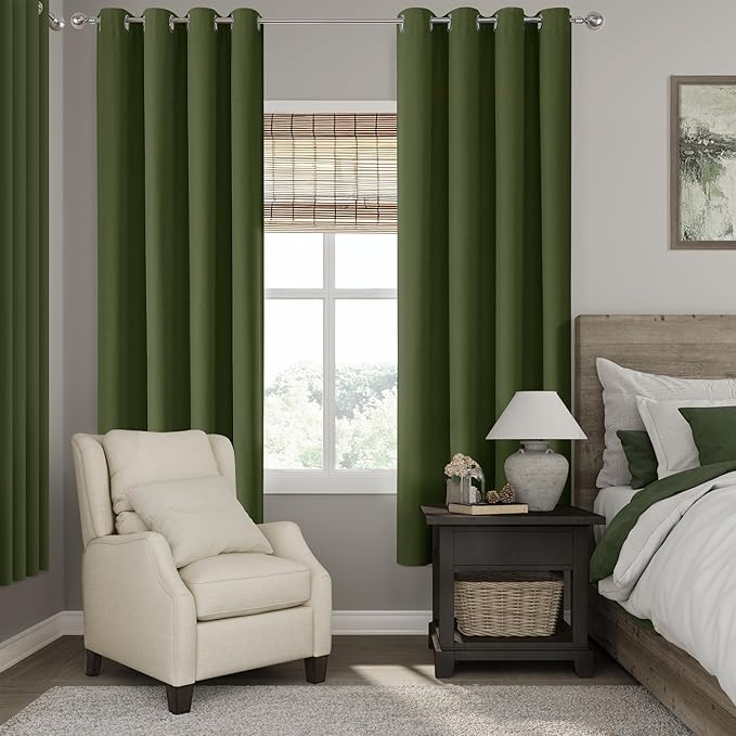 ChrisDowa 100% Blackout Olive Green Solid Curtains 72 Inches Long 2 Panels for Bedroom Living Room,Farmhouse Room Darkening Thermal Insulated Soundproof Grommet Top Window Treatment Drapes,52x72