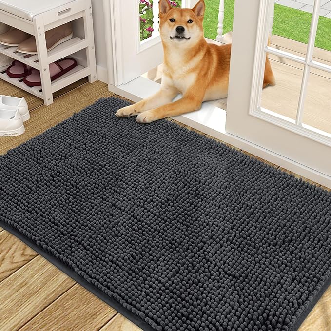 OLANLY Dog Door Mat for Muddy Paws 48x30, Absorbs Moisture and Dirt, Absorbent Non-Slip Washable Doormat, Quick Dry Chenille Mud Mat for Dogs, Entry Indoor Entryway Carpet for Inside Floor, Dark Grey