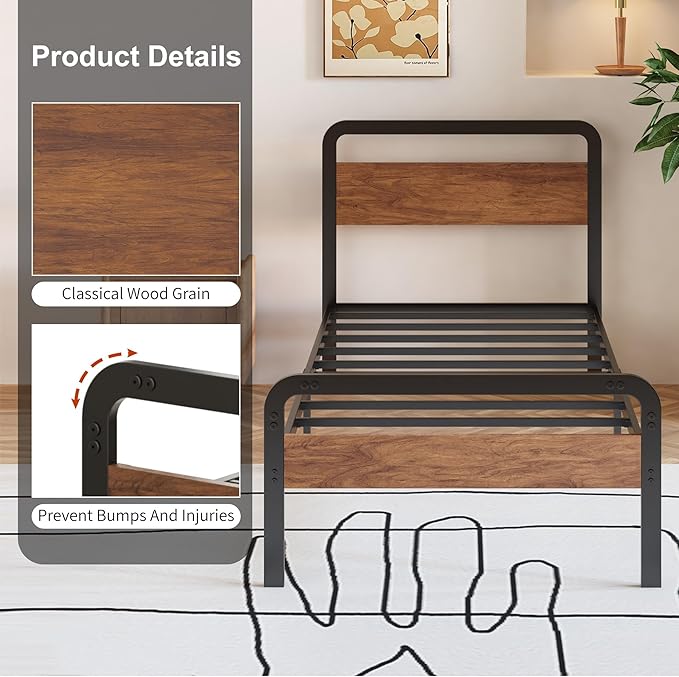 12 Inch Twin XL Bed Frames with Wooden Headboard and Footboard, No Box Spring Needed, Heavy Duty Metal Mattress Foundation, Noise Free, Easy Assembly, Black