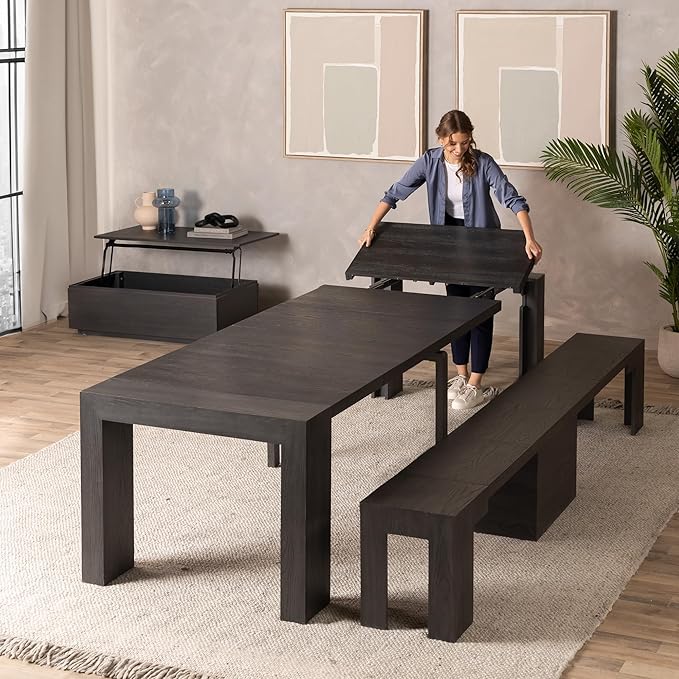 Transformer Table - Solid Wood Extendable Dining Table, Seats 2-12, Extendable Dining Room Table, Space-Saving Furniture, Expandable Dining Furniture (Black, Table + Bench + Coffee Table)