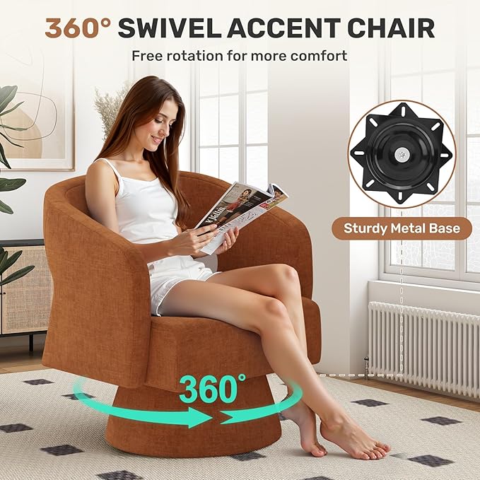 Swivel Accent Chair, Modern Comfy Chenille Barrel Chairs, Oversized Upholstered Round Arm Chair for Living Room, Bedroom, Reading Room, Caramel, 1 PCS