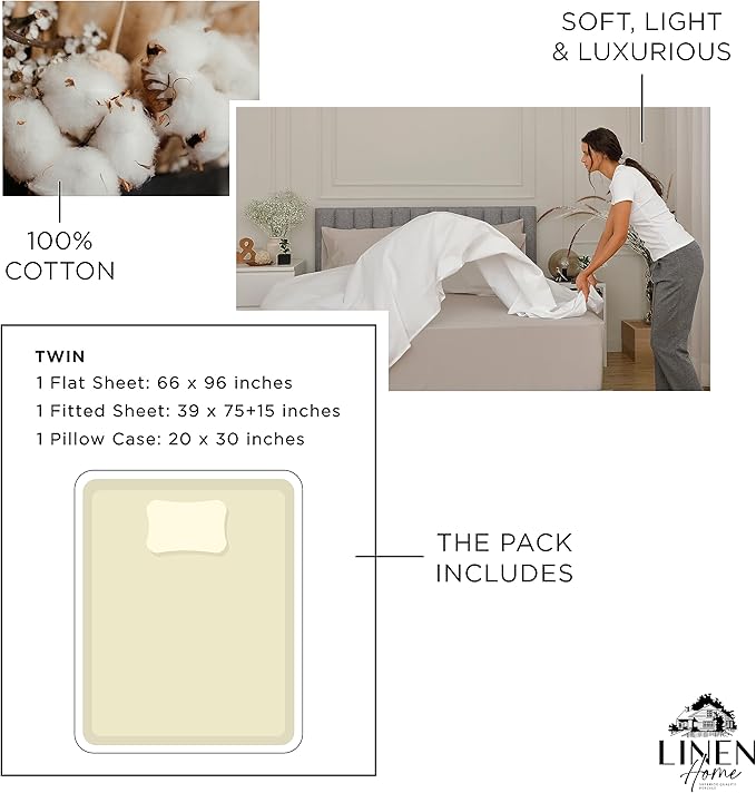 Linen Home 100% Cotton Percale Sheets Twin Size, Cream, Deep Pocket, 3 Pieces Set - 1 Flat, 1 Deep Pocket Fitted Sheet and 1 Pillowcase, Crisp Cool and Strong Bed Linen
