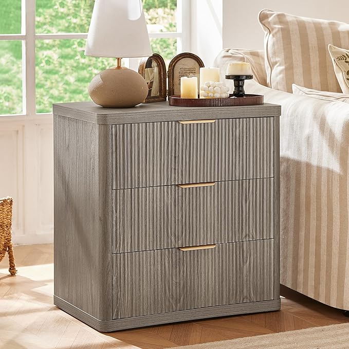 LEYAOYAO Fluted Dresser and Nightstand Sets, Wood 48" Wide Dresser & 23" Night Stand with Charging Station, 2 Piece Bedroom Furniture Set, Chest of Drawers for Bedroom, Home, Living Room, Grey