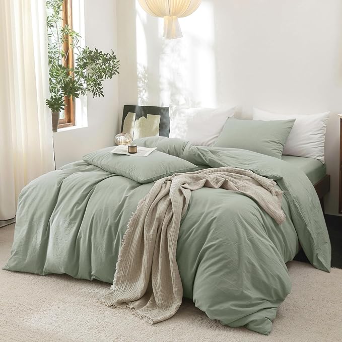 FOSSA Duvet Cover Set 100% Washed Cotton Linen Feel Super Soft Breathable Cozy 3 Pieces Bedding Sets Solid Sage Green Full/Double