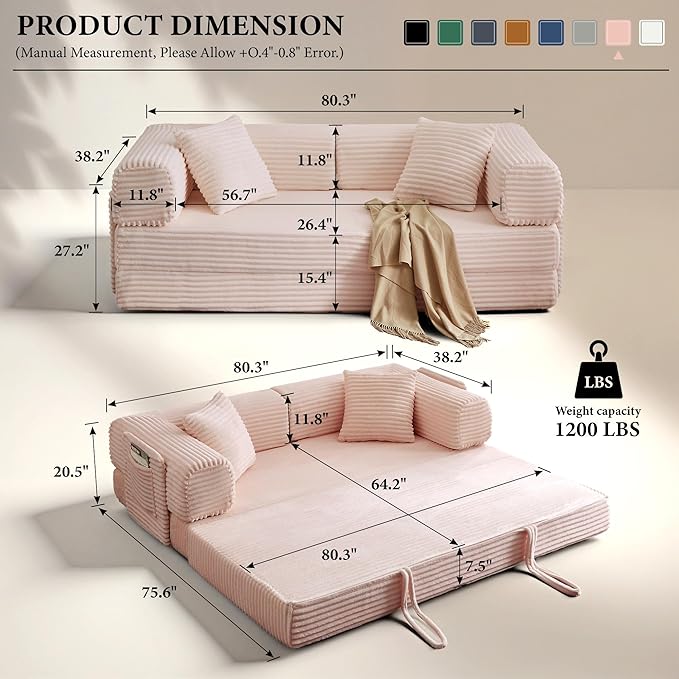Boneless Couch Folding Couches for Living Room Sofa, Futon Sofa Bed with Sleeper Sofa, Futon Couch with Fixed-Shape Oversized Corduroy Upholstered (Pink, 81 Inches)